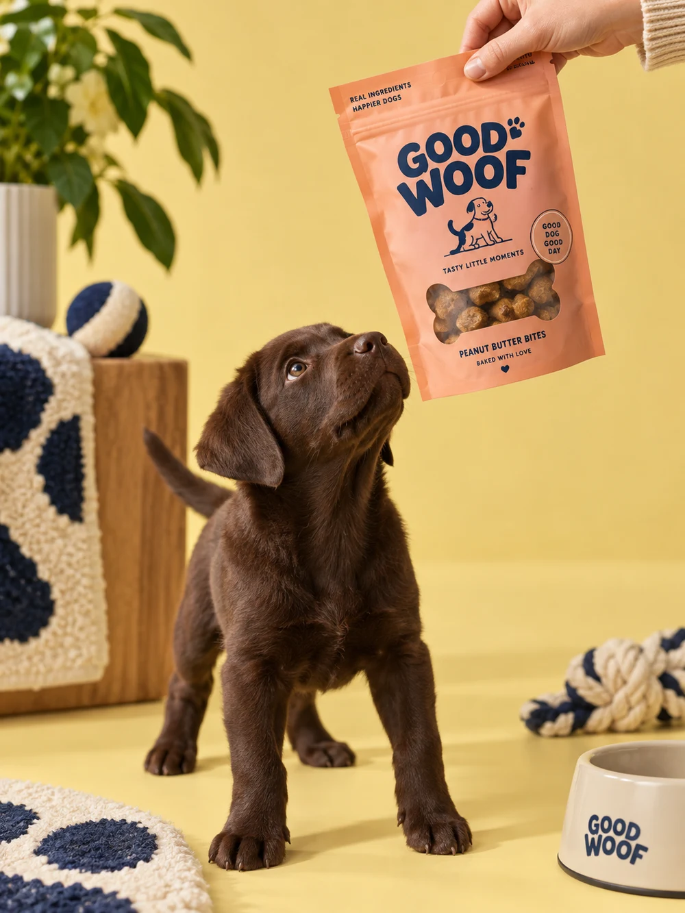 Cachorro olhando um pacote de petiscos Good Woof em um cenário amarelo